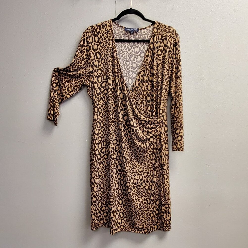 Jones New York Dress Womens XL Brown Leopard Print Faux Wrap Ruched 3/4 Sleeve